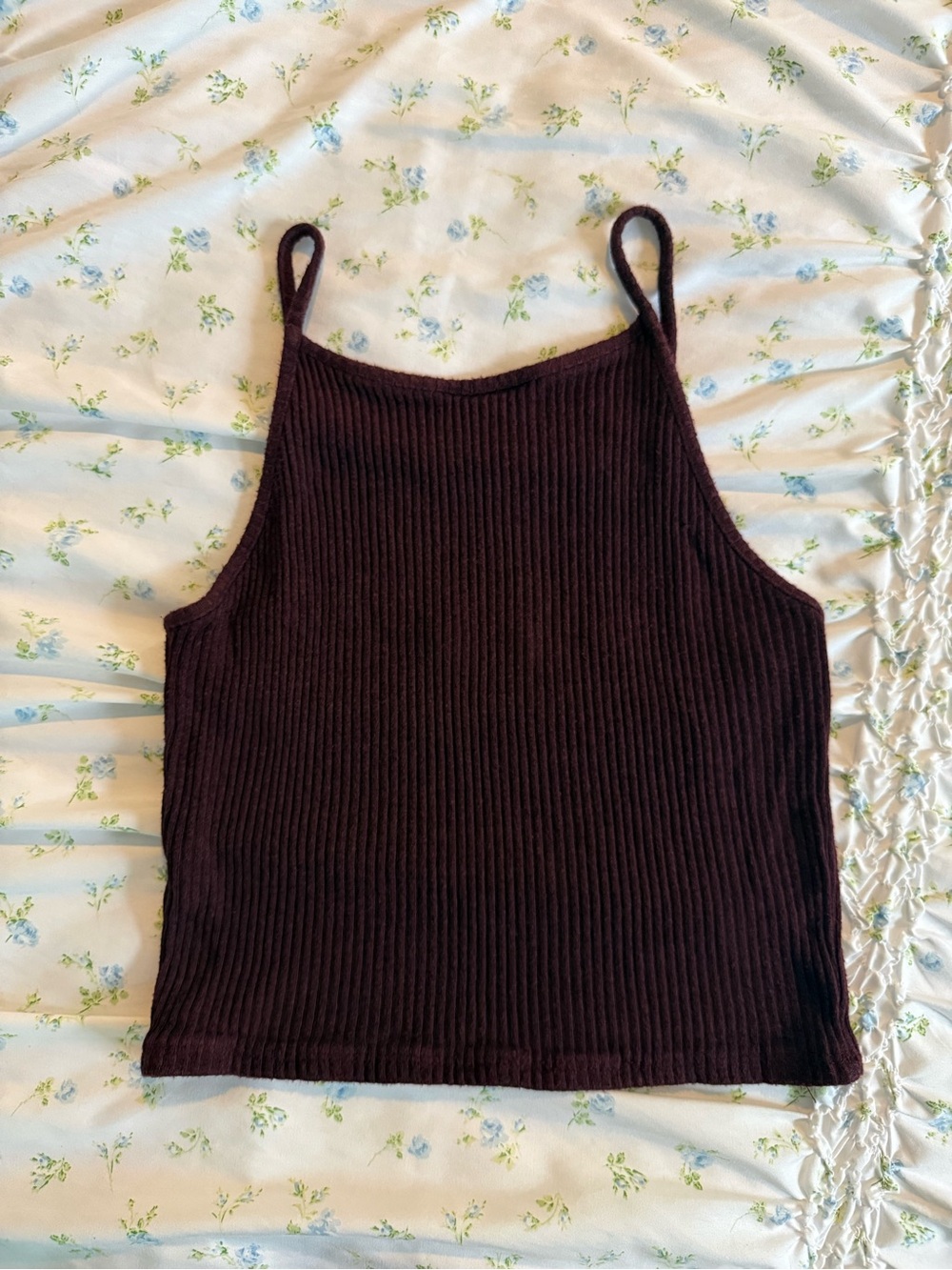 Brandy Melville Ribbed Spaghetti Strap Knit Halter Tank - Dark Maroon